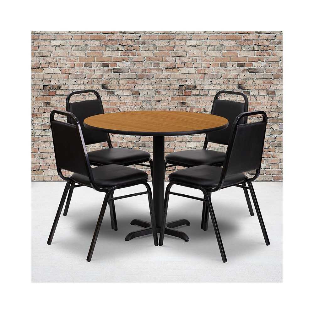 36'' Round Natural Laminate Table Set with X-Base and 4 Black Trapezoidal Back Banquet Chairs