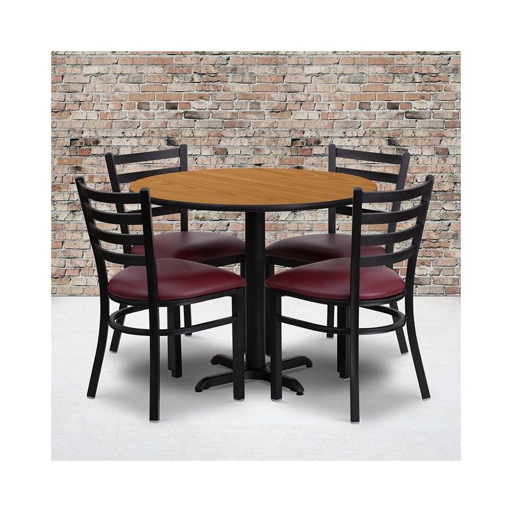 36'' Round Natural Laminate Table Set with X-Base and 4 Ladder Back Metal Chairs - Burgundy Vinyl Seat
