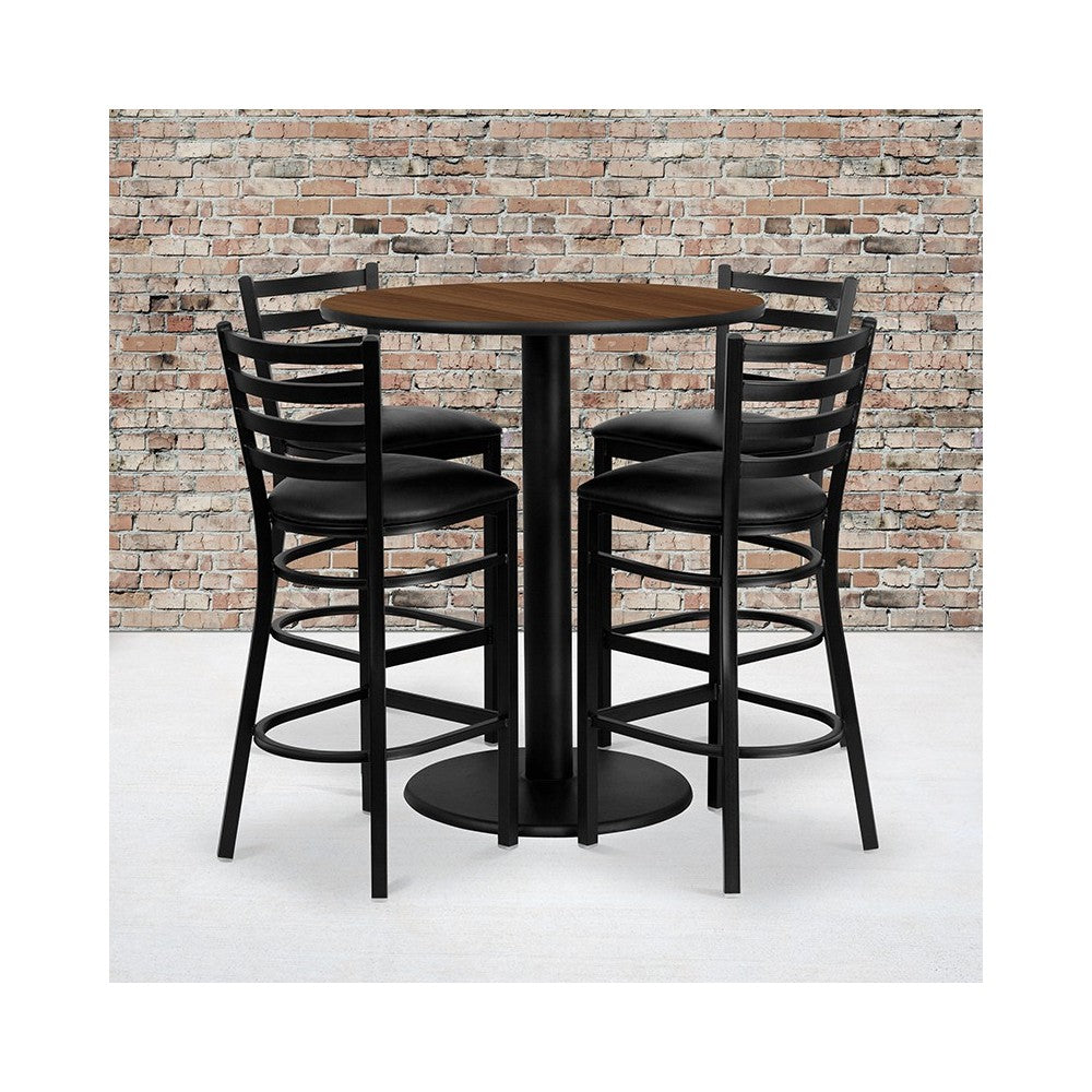 36'' Round Walnut Laminate Table Set with 4 Ladder Back Metal Barstools - Black Vinyl Seat