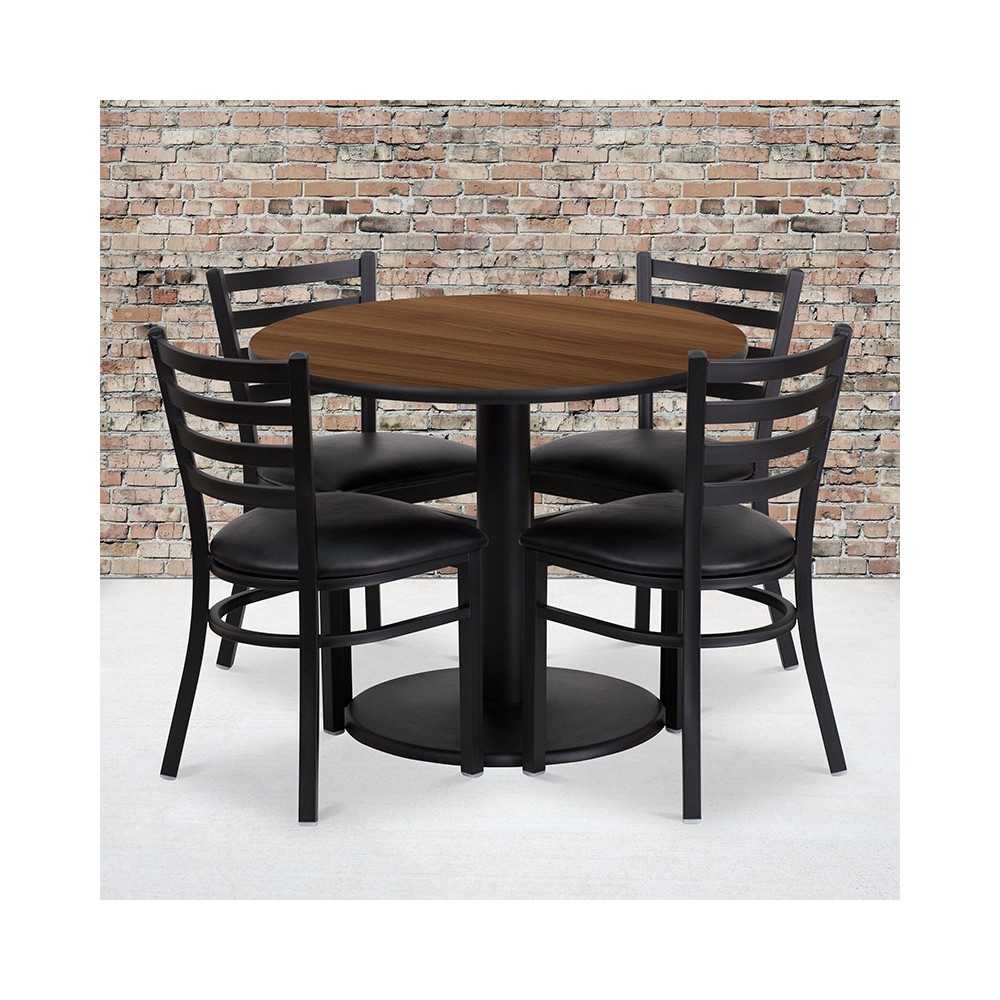 36'' Round Walnut Laminate Table Set with Round Base and 4 Ladder Back Metal Chairs - Black Vinyl Seat