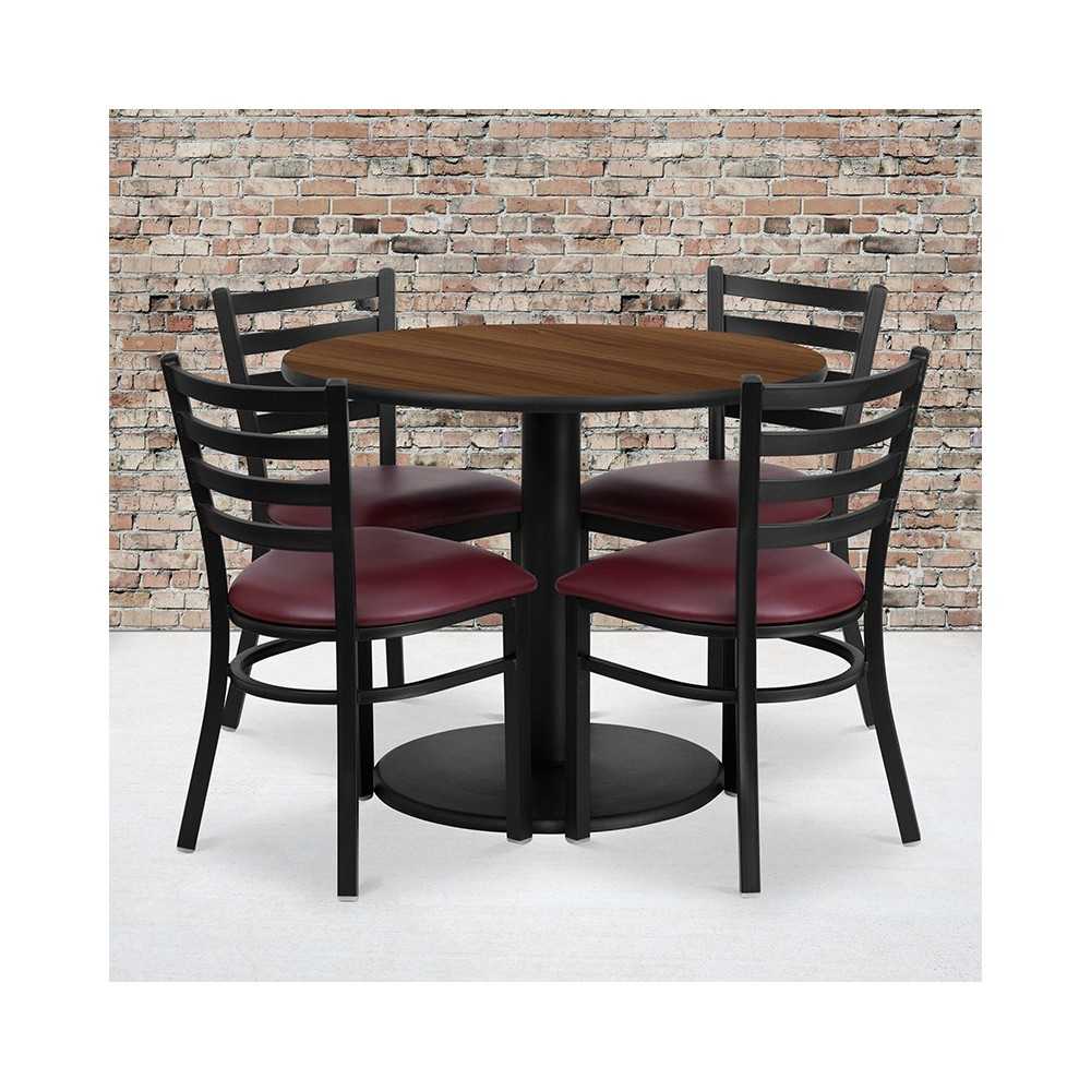 36'' Round Walnut Laminate Table Set with Round Base and 4 Ladder Back Metal Chairs - Burgundy Vinyl Seat