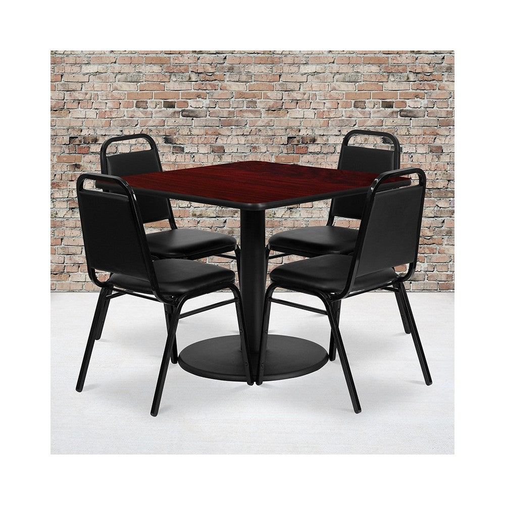 36'' Square Mahogany Laminate Table Set with Round Base and 4 Black Trapezoidal Back Banquet Chairs