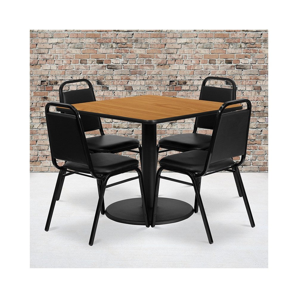 36'' Square Natural Laminate Table Set with Round Base and 4 Black Trapezoidal Back Banquet Chairs