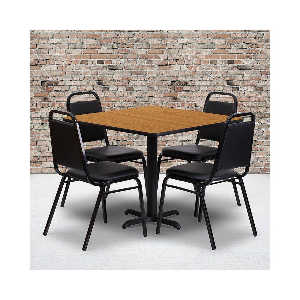 36'' Square Natural Laminate Table Set with X-Base and 4 Black Trapezoidal Back Banquet Chairs