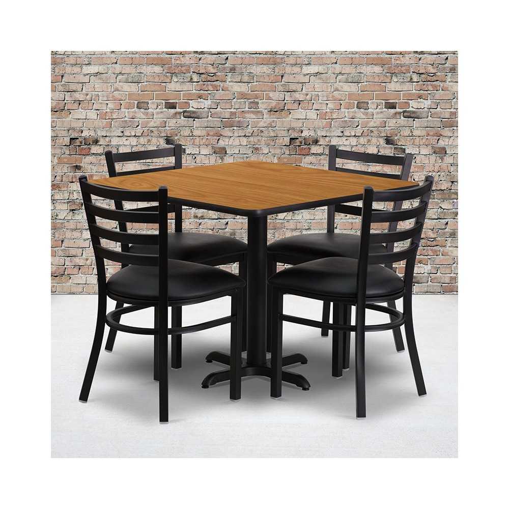 36'' Square Natural Laminate Table Set with X-Base and 4 Ladder Back Metal Chairs - Black Vinyl Seat