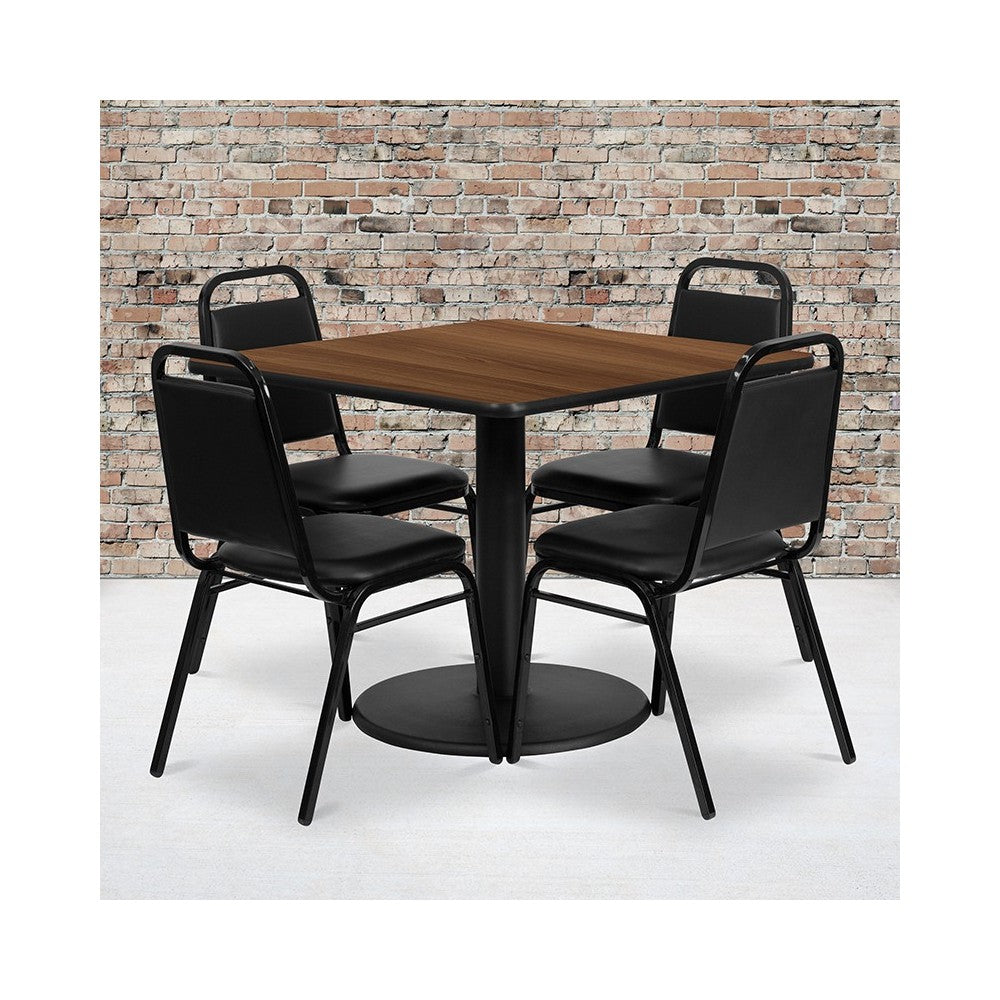 36'' Square Walnut Laminate Table Set with Round Base and 4 Black Trapezoidal Back Banquet Chairs