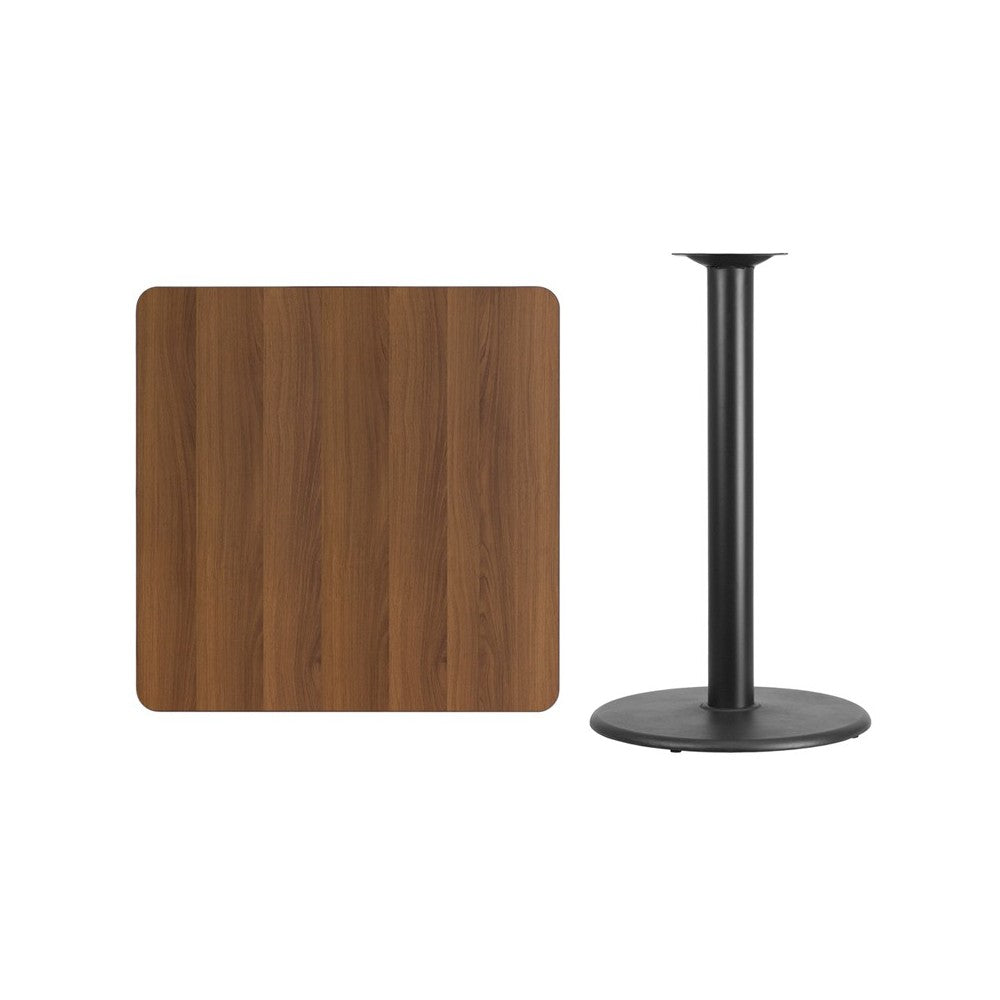 36'' Square Walnut Laminate Table Top with 24'' Round Bar Height Table Base