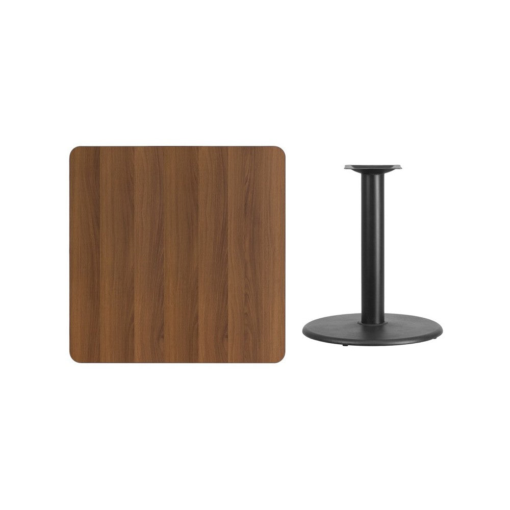 36'' Square Walnut Laminate Table Top with 24'' Round Table Height Base