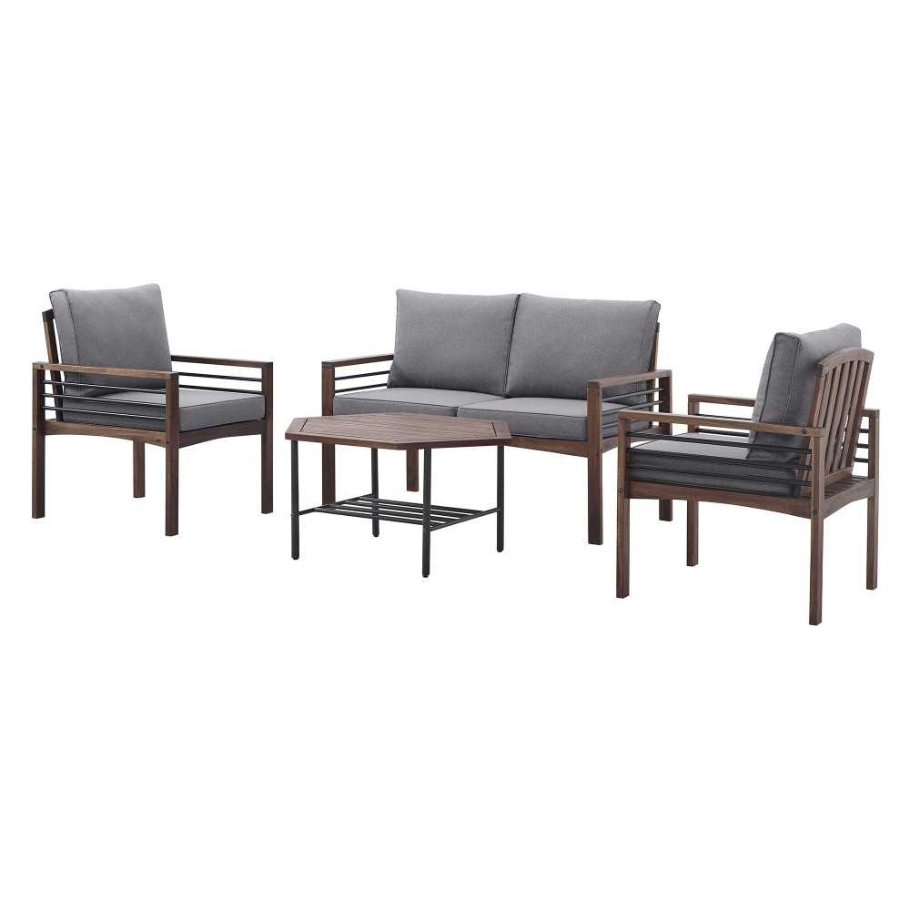 4-Piece Modern Wood and Metal Outdoor Patio Conversation Set - Gray/Dark Brown