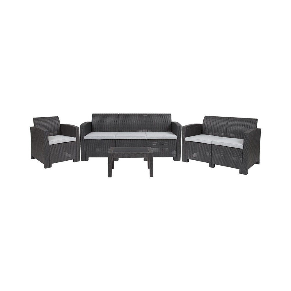 4 Piece Outdoor Faux Rattan Chair, Loveseat, Sofa and Table Set in Dark Gray