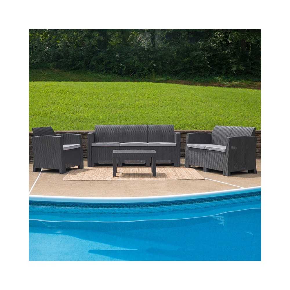 4 Piece Outdoor Faux Rattan Chair, Loveseat, Sofa and Table Set in Dark Gray