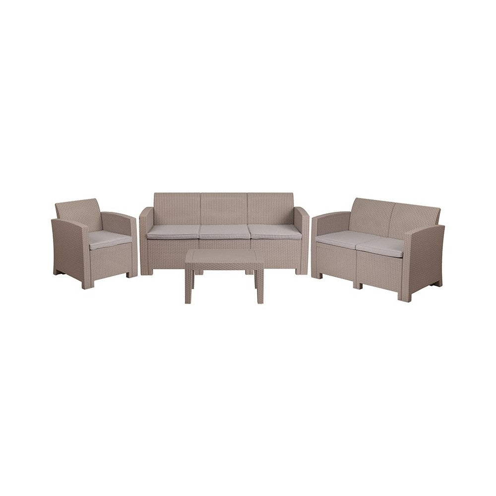 4 Piece Outdoor Faux Rattan Chair, Loveseat, Sofa and Table Set in Light Gray