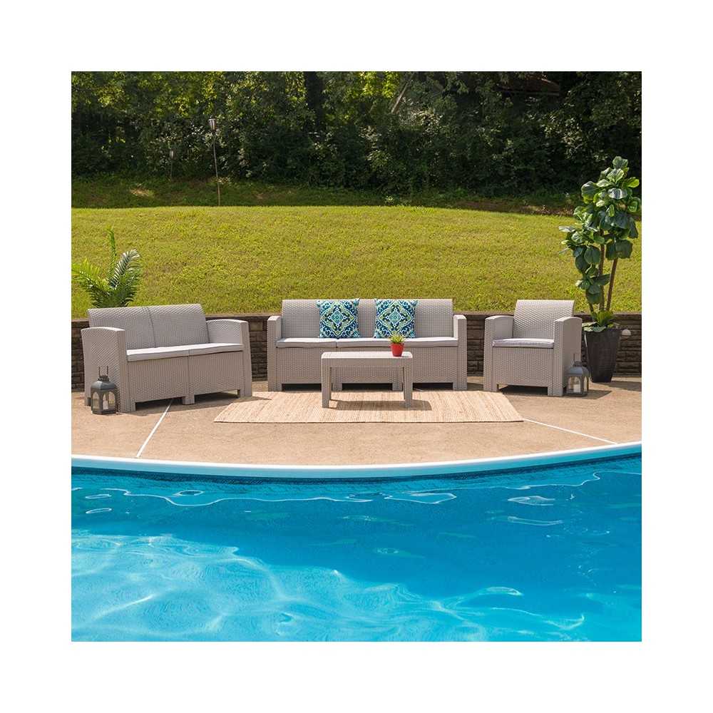 4 Piece Outdoor Faux Rattan Chair, Loveseat, Sofa and Table Set in Light Gray