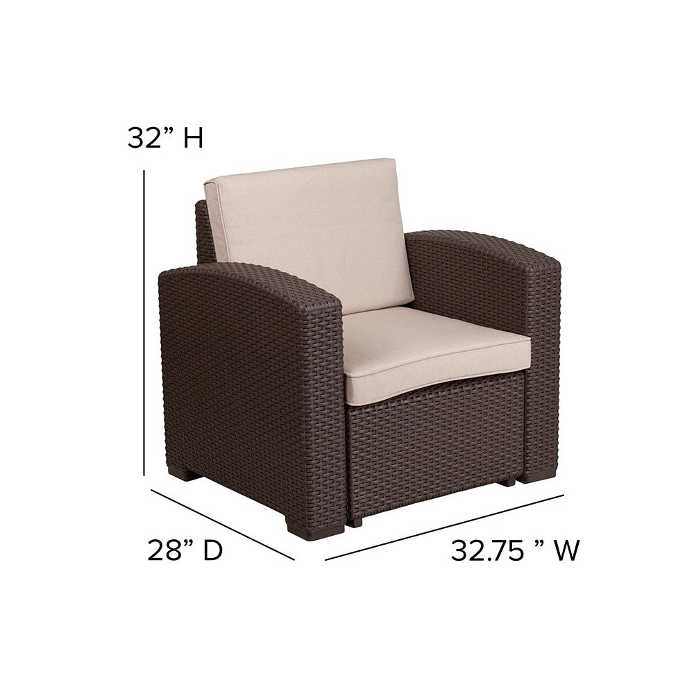 4 Piece Outdoor Faux Rattan Chair, Sofa and Table Set in Chocolate Brown