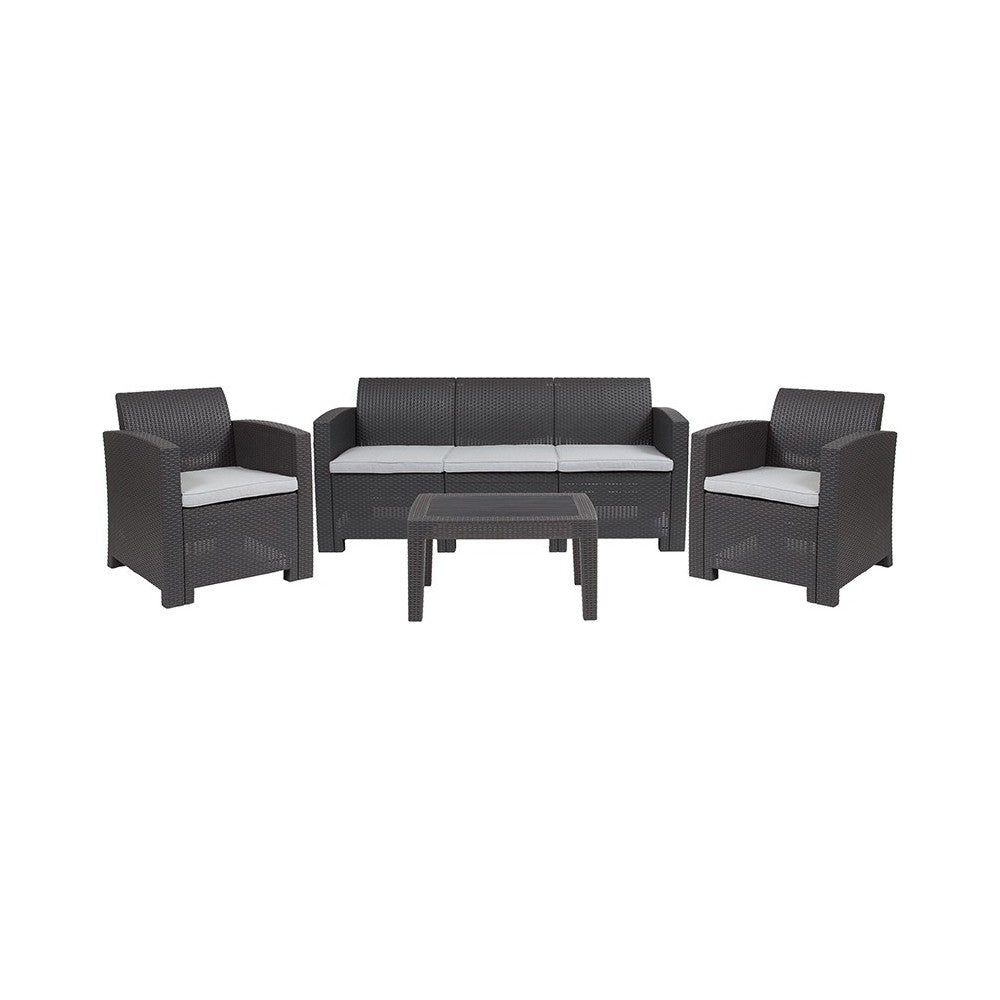 4 Piece Outdoor Faux Rattan Chair, Sofa and Table Set in Dark Gray