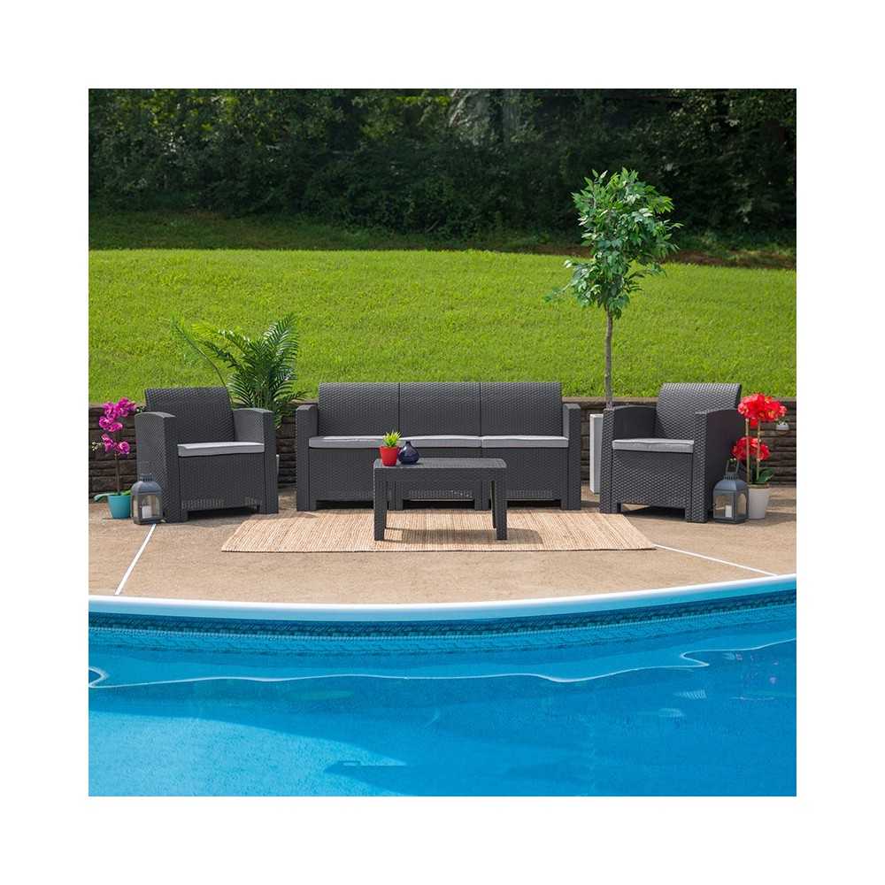 4 Piece Outdoor Faux Rattan Chair, Sofa and Table Set in Dark Gray