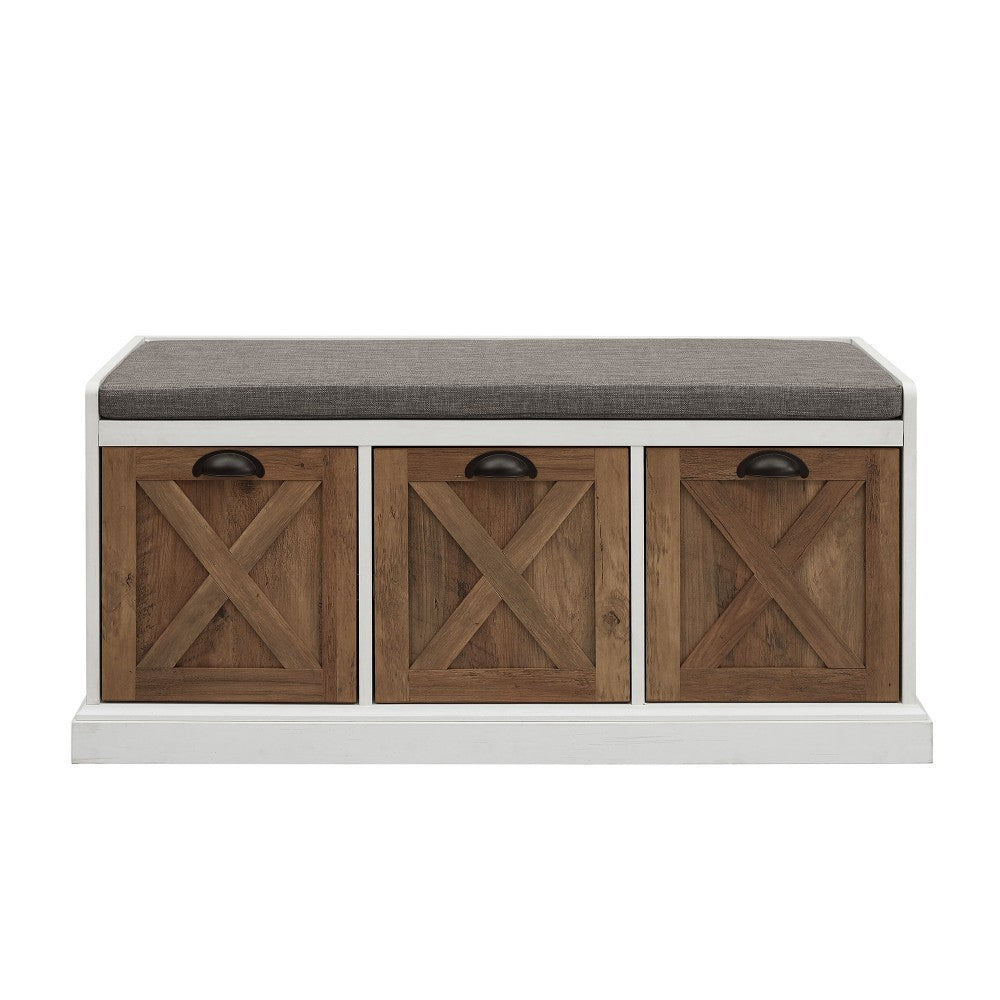 40" Farmhouse 3 Drawer Storage Bench - Rustic Oak/Brushed White/Storm Gray