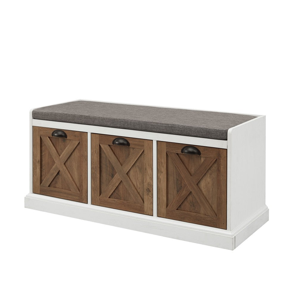 40" Farmhouse 3 Drawer Storage Bench - Rustic Oak/Brushed White/Storm Gray