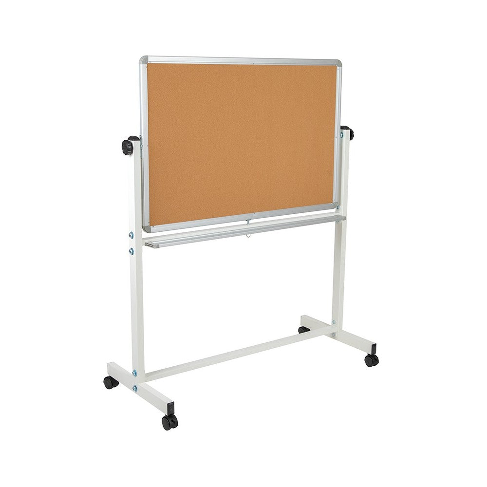 45.25"W x 54.75"H Reversible Mobile Cork Bulletin Board and White Board with Pen Tray