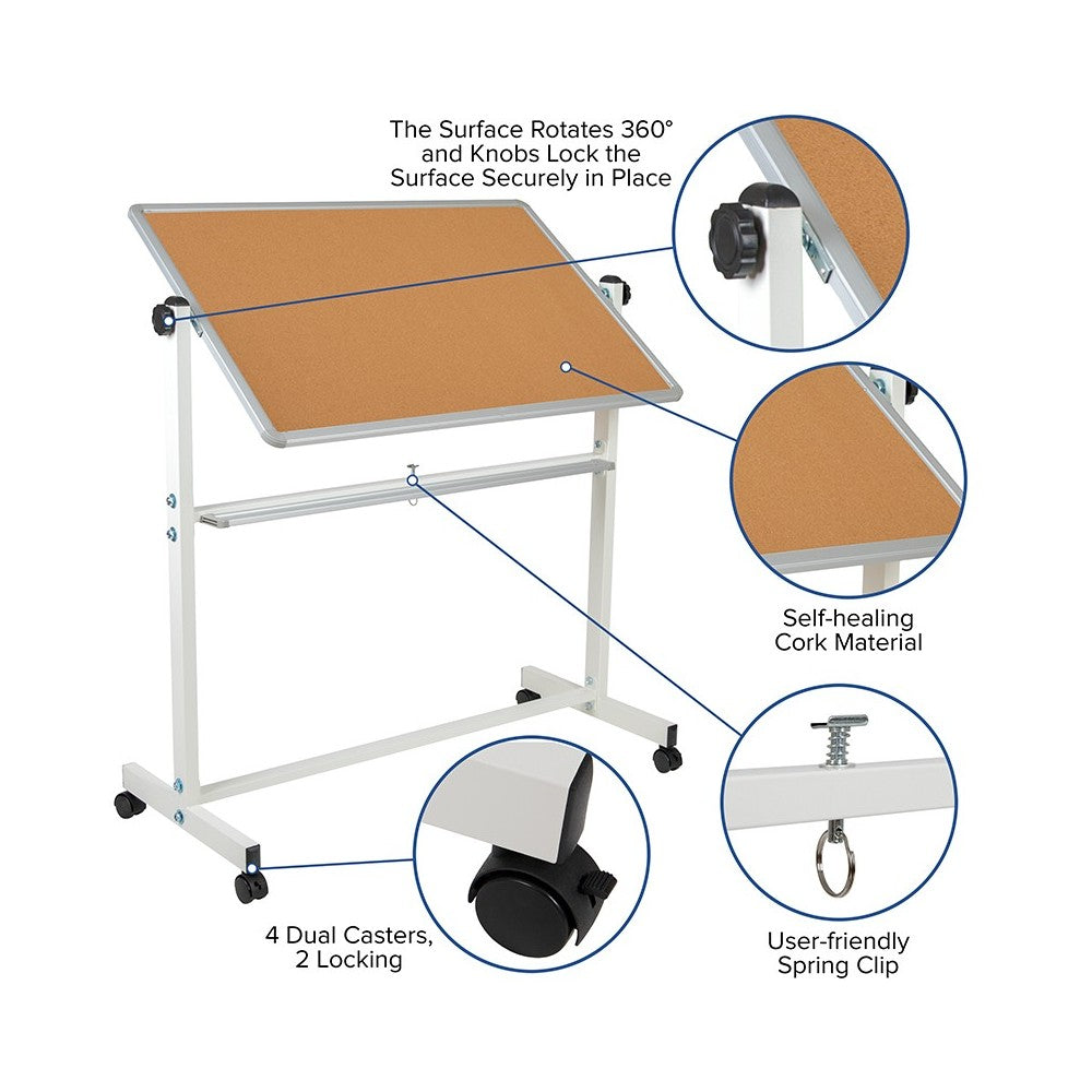 45.25"W x 54.75"H Reversible Mobile Cork Bulletin Board and White Board with Pen Tray