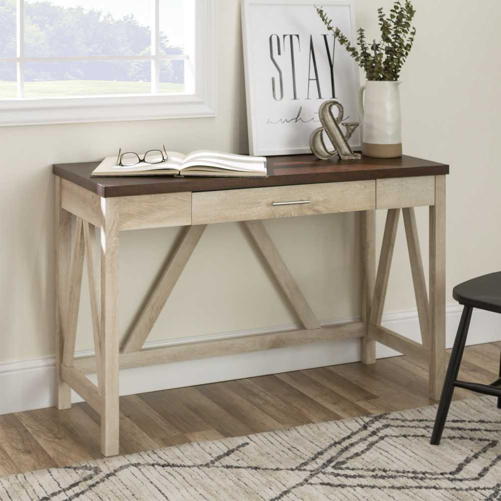 46" A Frame Modern Farmhouse Wood Computer Desk with Drawer - White Oak/Brown