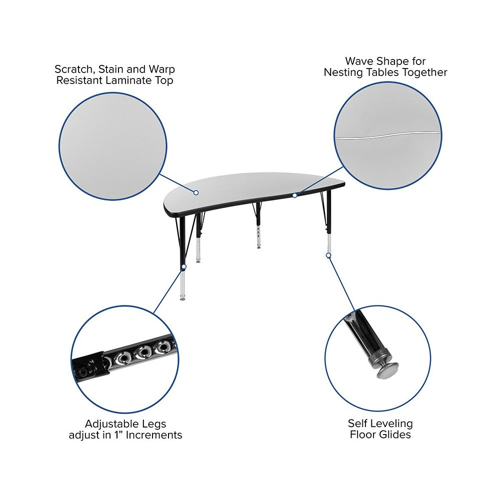 47.5" Half Circle Wave Collaborative Gray Thermal Laminate Activity Table - Height Adjustable Short Legs