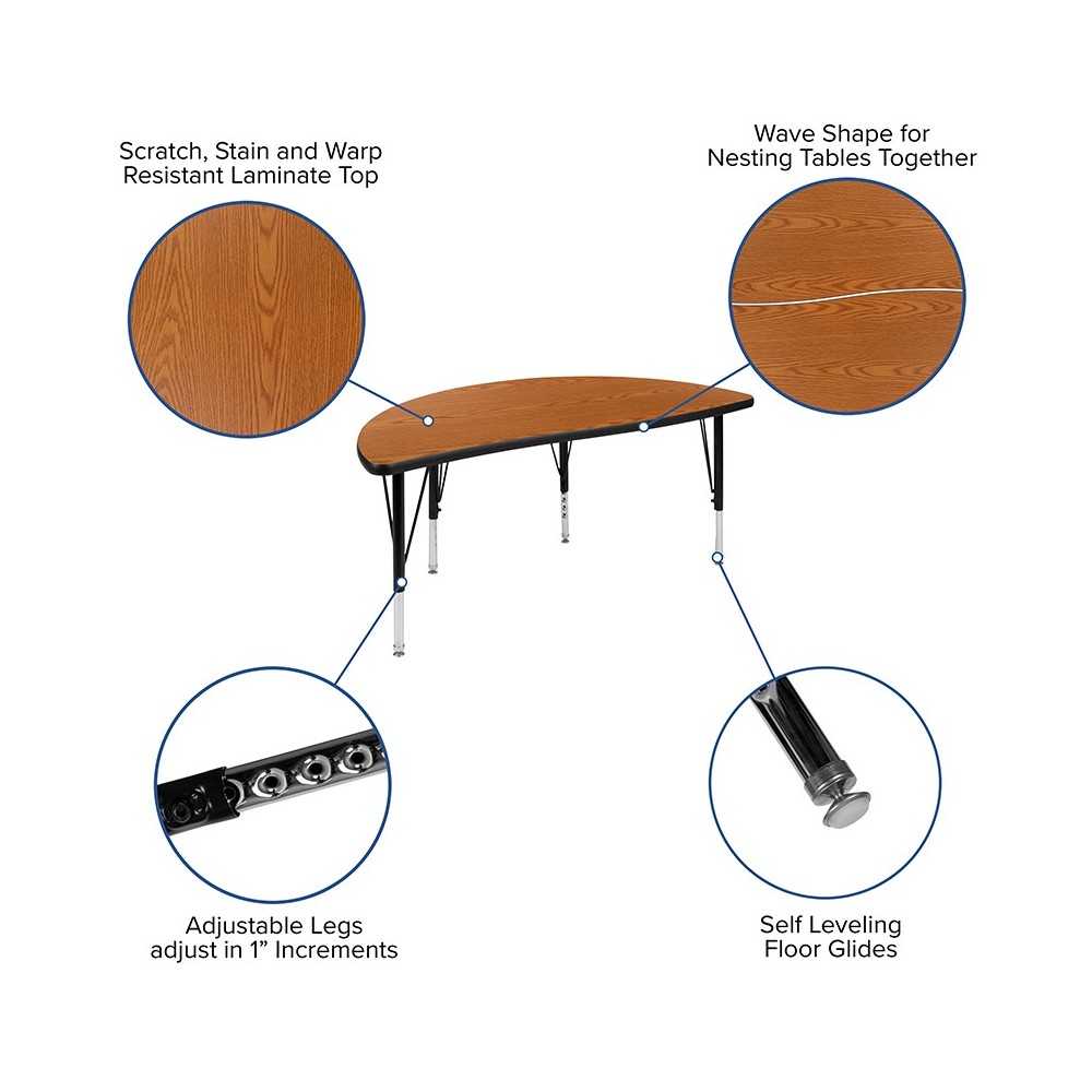 47.5" Half Circle Wave Collaborative Oak Thermal Laminate Activity Table - Height Adjustable Short Legs