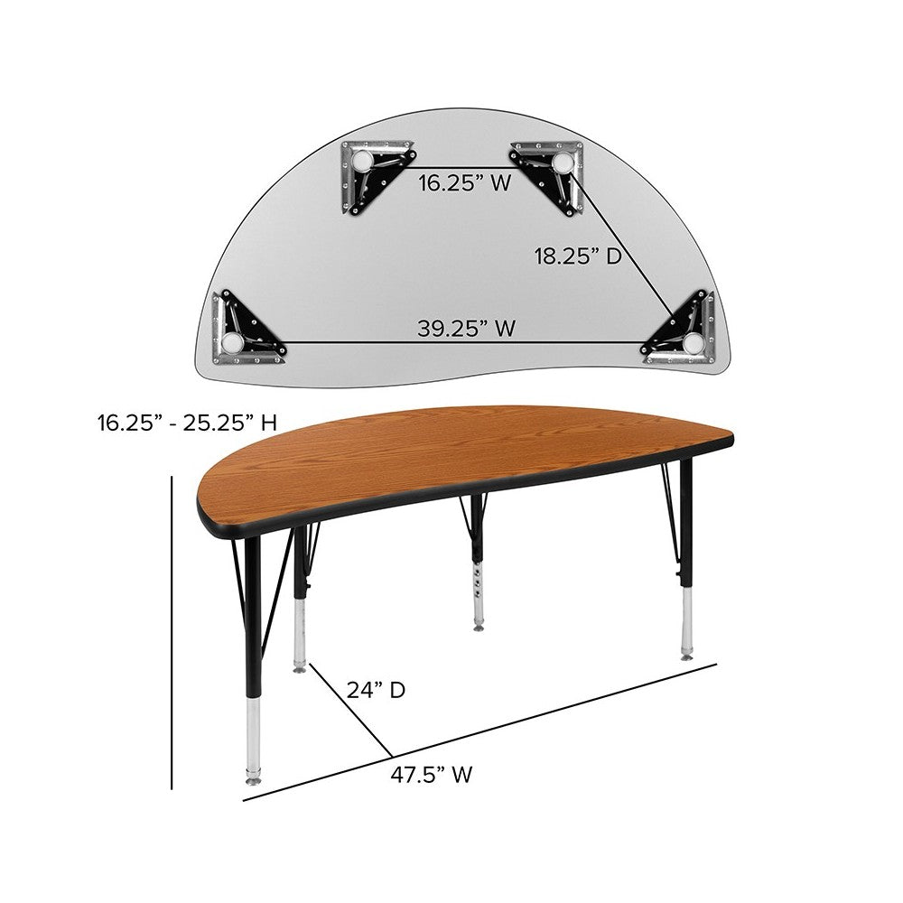 47.5" Half Circle Wave Collaborative Oak Thermal Laminate Activity Table - Height Adjustable Short Legs