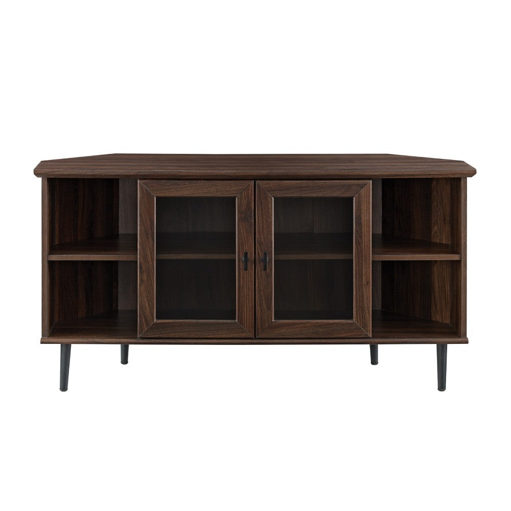48" Simple Glass Door Corner TV Console - Dark Walnut