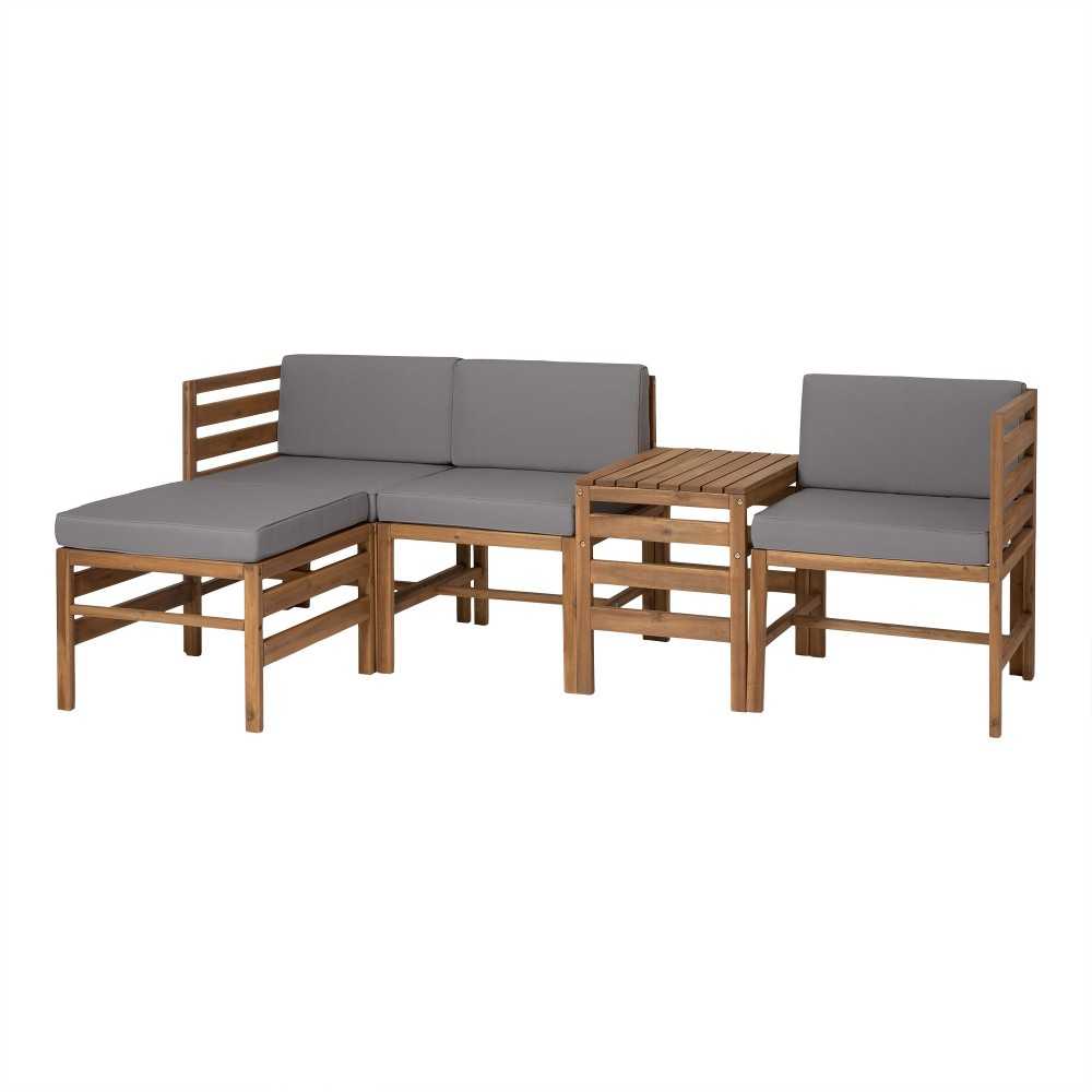 5-Piece Modular Acacia - 3 seat and Ottoman + Side Table - Brown