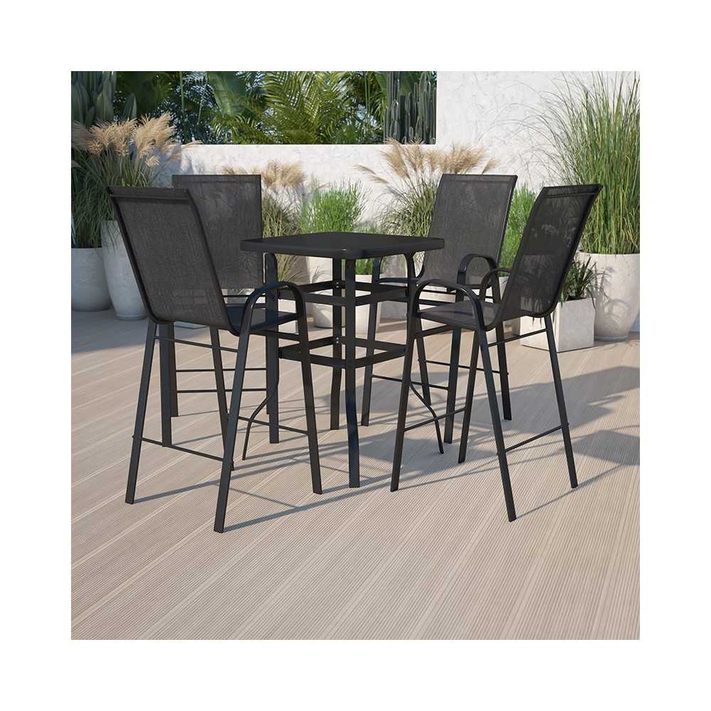 5 Piece Outdoor Glass Bar Patio Table Set with 4 Barstools