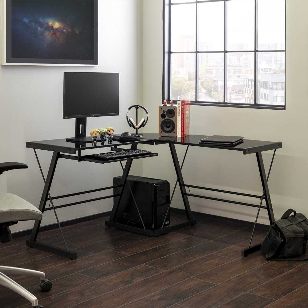 51" Modern Metal Glass Corner Computer Desk - Black