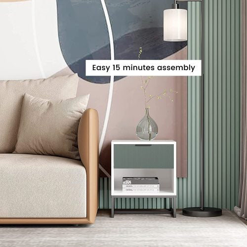 Otis White, Green Wood Nightstand Side Table Steel Frame with Shelf, Drawer