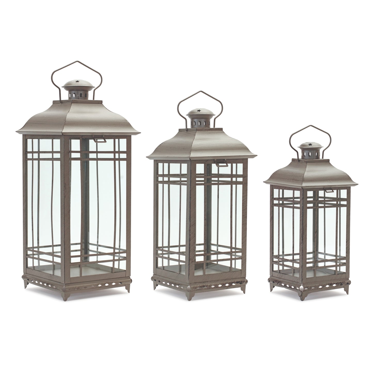 Lantern (Set Of 3) 14"H, 17"H, 20"H Metal/Glass, Brown