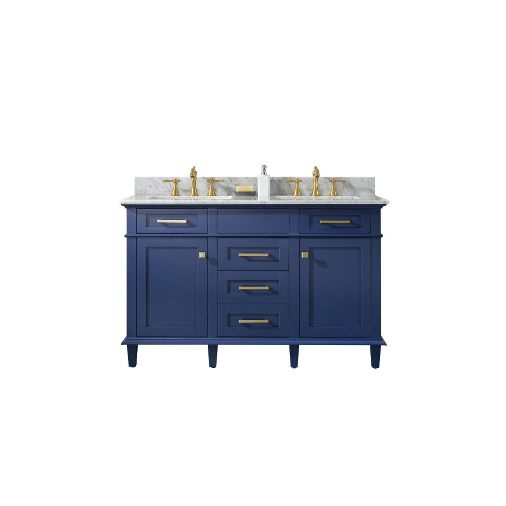 54" Blue Finish Double Sink Vanity Cabinet With Carrara White Top