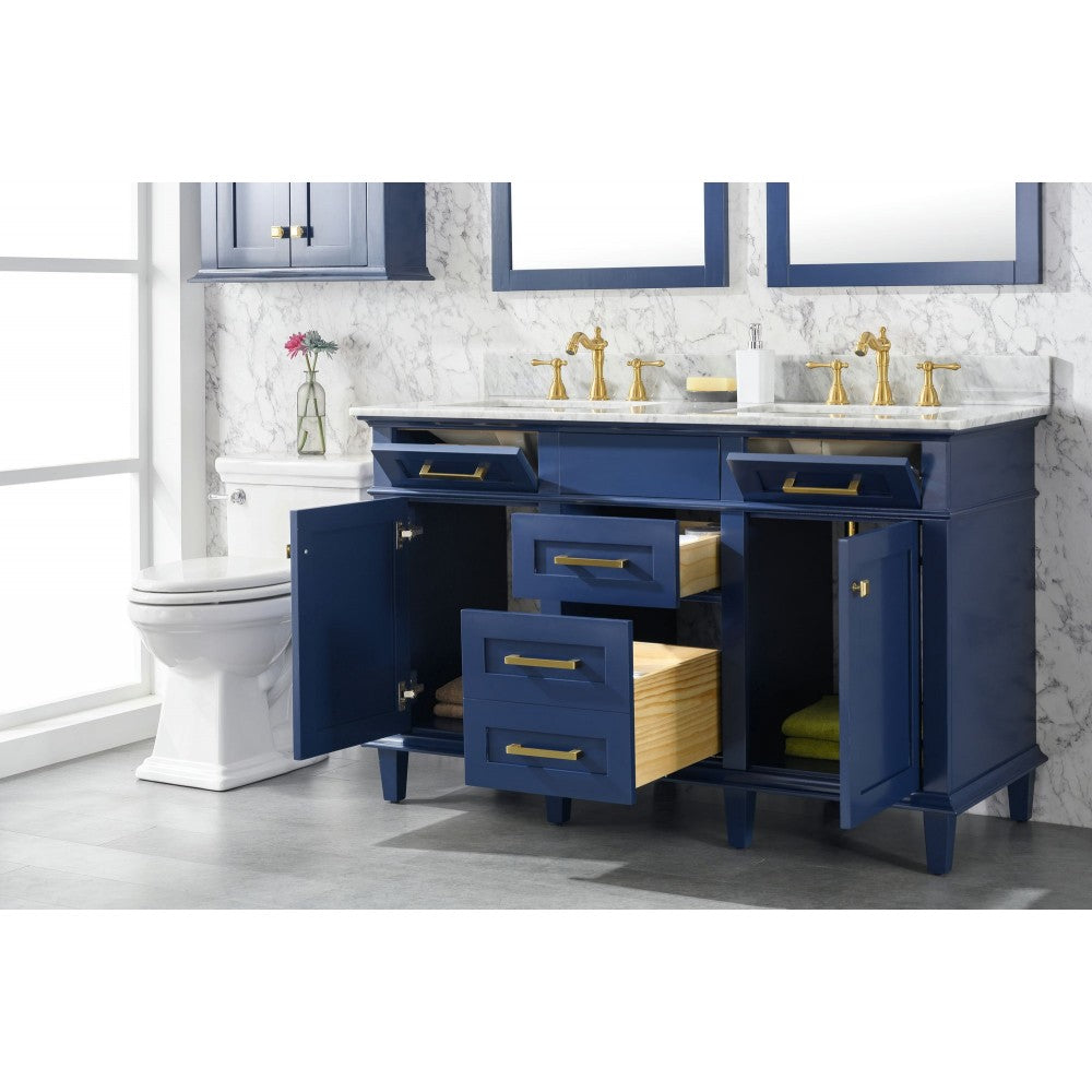 54" Blue Finish Double Sink Vanity Cabinet With Carrara White Top