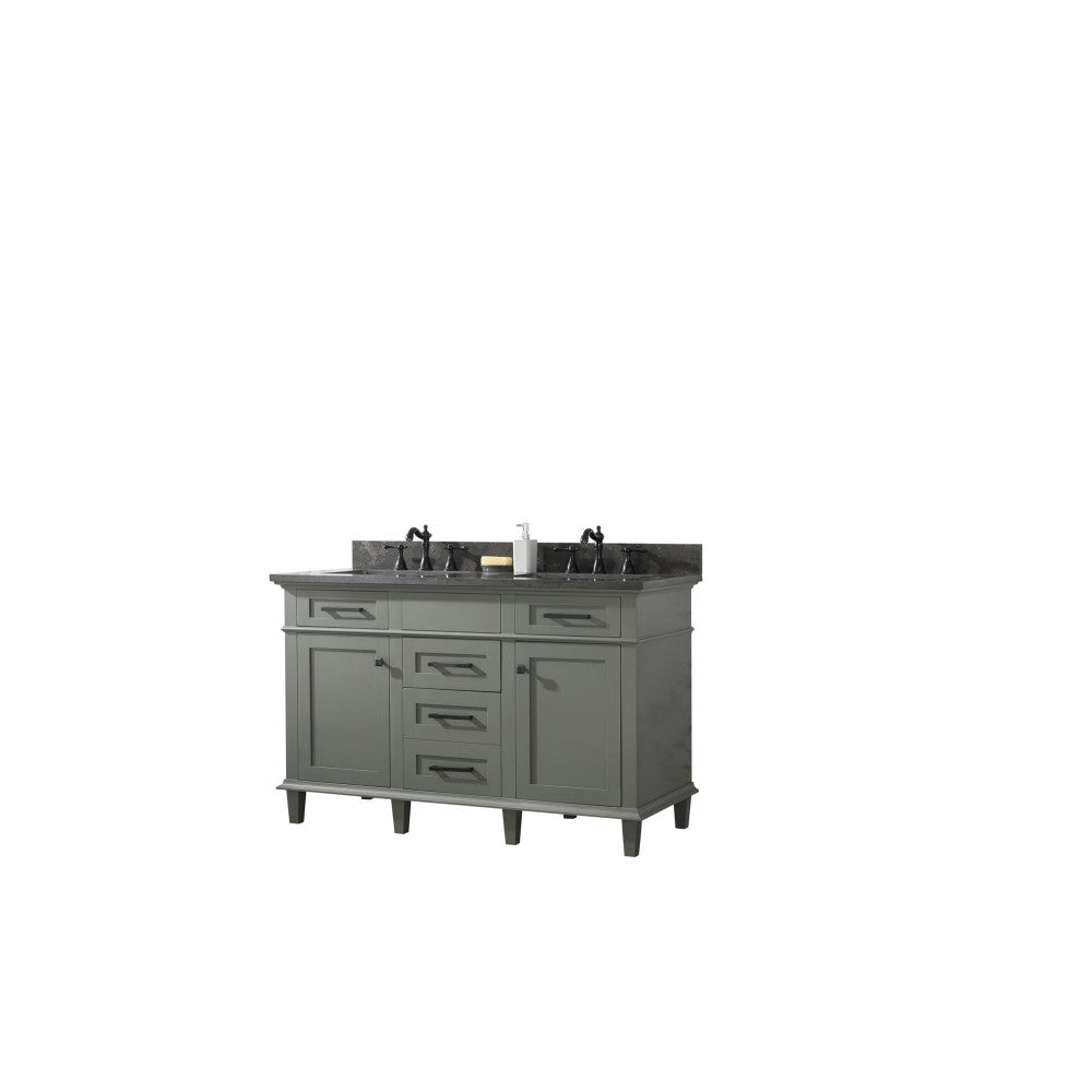 54" Pewter Green Finish Double Sink Vanity Cabinet With Blue Lime Stone Top
