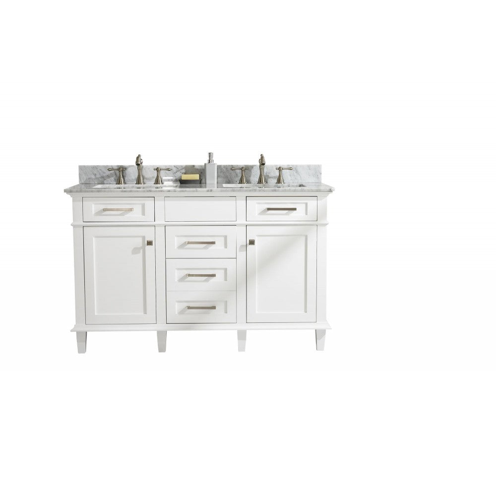 54" White Finish Double Sink Vanity Cabinet With Carrara White Top