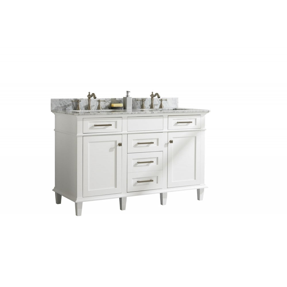 54" White Finish Double Sink Vanity Cabinet With Carrara White Top