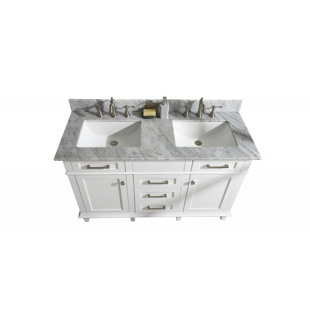 54" White Finish Double Sink Vanity Cabinet With Carrara White Top