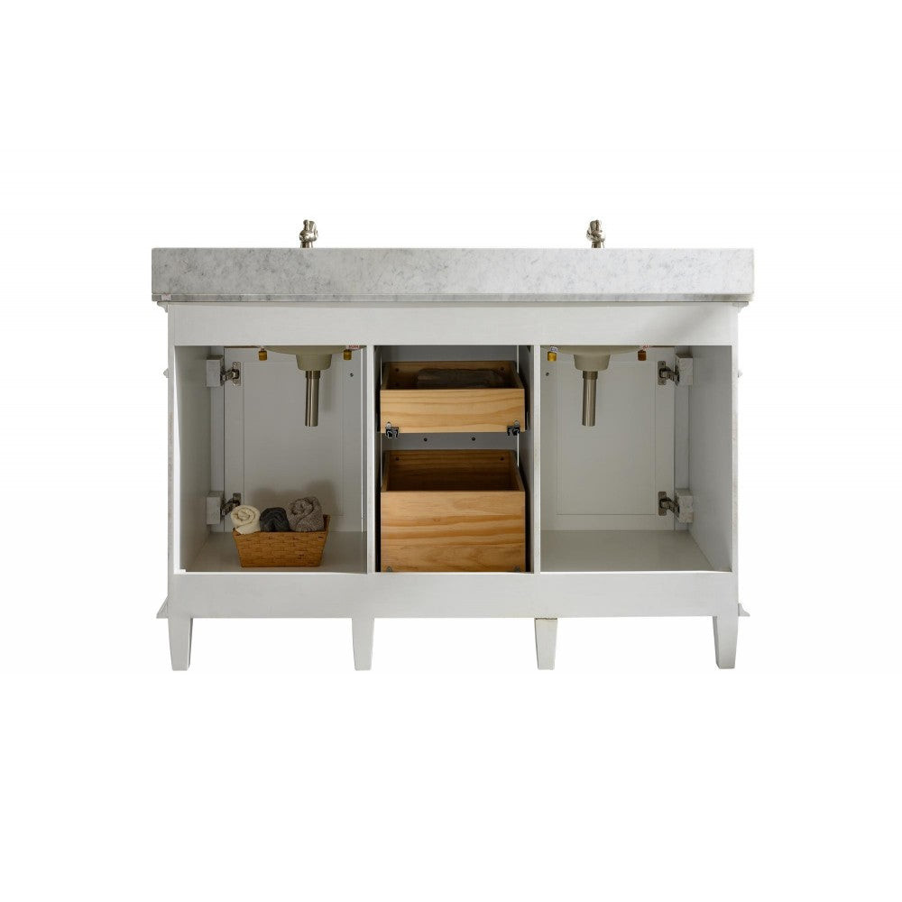 54" White Finish Double Sink Vanity Cabinet With Carrara White Top