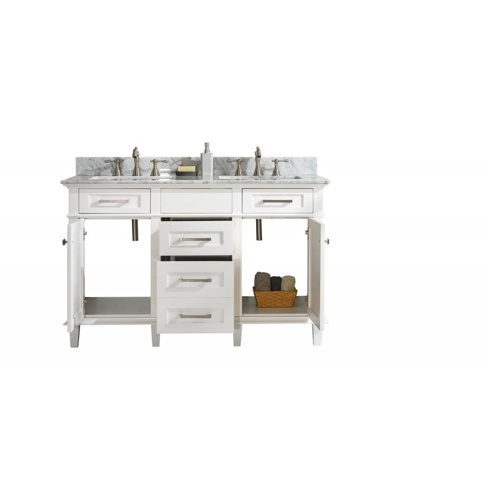 54" White Finish Double Sink Vanity Cabinet With Carrara White Top