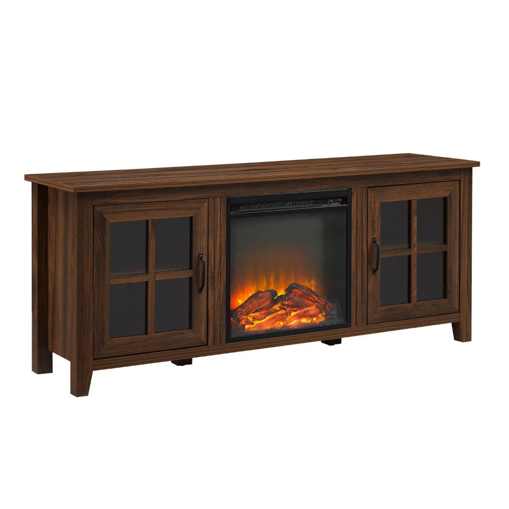 58" Windowpane Glass-Door Fireplace TV Stand for TVs up to 65" - Dark Walnut