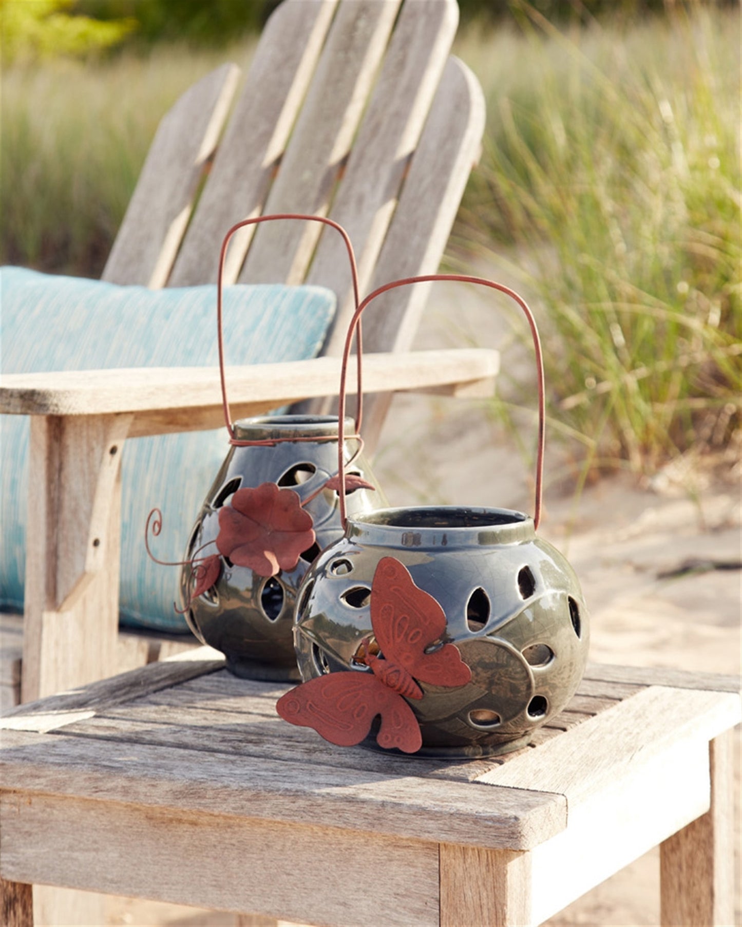 Leaf Pattern Lanterns (Set Of 2) 6.25", 7.75"H Ceramic