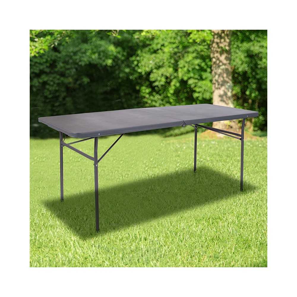 6-Foot Bi-Fold Dark Gray Plastic Folding Table with Carrying Handle