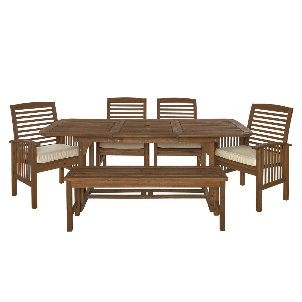 6-Piece Acacia Wood Outdoor Patio Dining Set with Cushions - Dark Brown