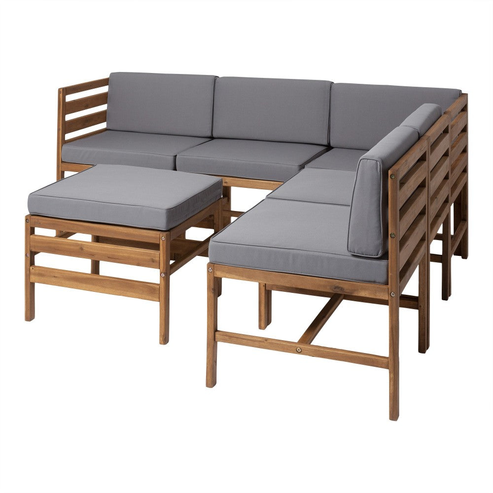 6-Piece Modular Acacia - 5 seat and Ottoman - Brown