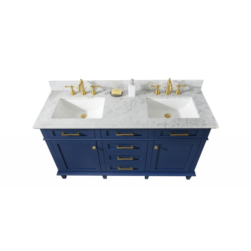 60" Blue Finish Double Sink Vanity Cabinet With Carrara White Top