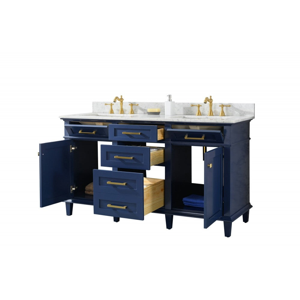 60" Blue Finish Double Sink Vanity Cabinet With Carrara White Top