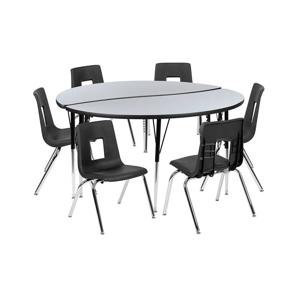 60" Circle Wave Collaborative Laminate Activity Table Set with 16" Student Stack Chairs, Gray/Black